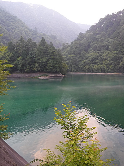 深い緑色をした湖水