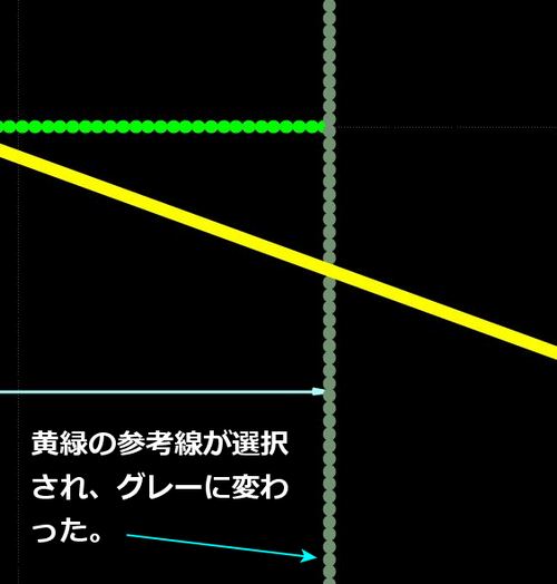 トリム（裁ち落とし）の基準となる、垂直の参考線（黄緑色点線）を左クリックすると、参考線の色がグレーに変わります。